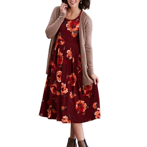 HarvestOfLove Dresses & Skirts - FLORAL BURGUNDY & PEACH PLEATED MIDI DRESS